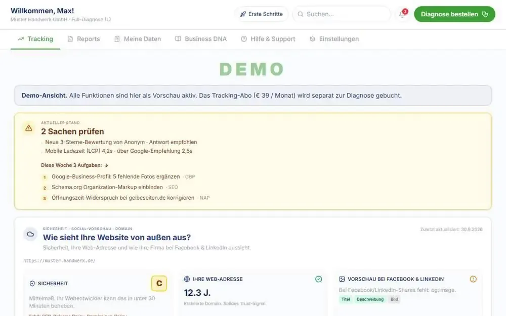 Demo-Dashboard von STEP/SEEDS® mit Aufgaben der Woche, Website-Prüfung und Firmenprofil
